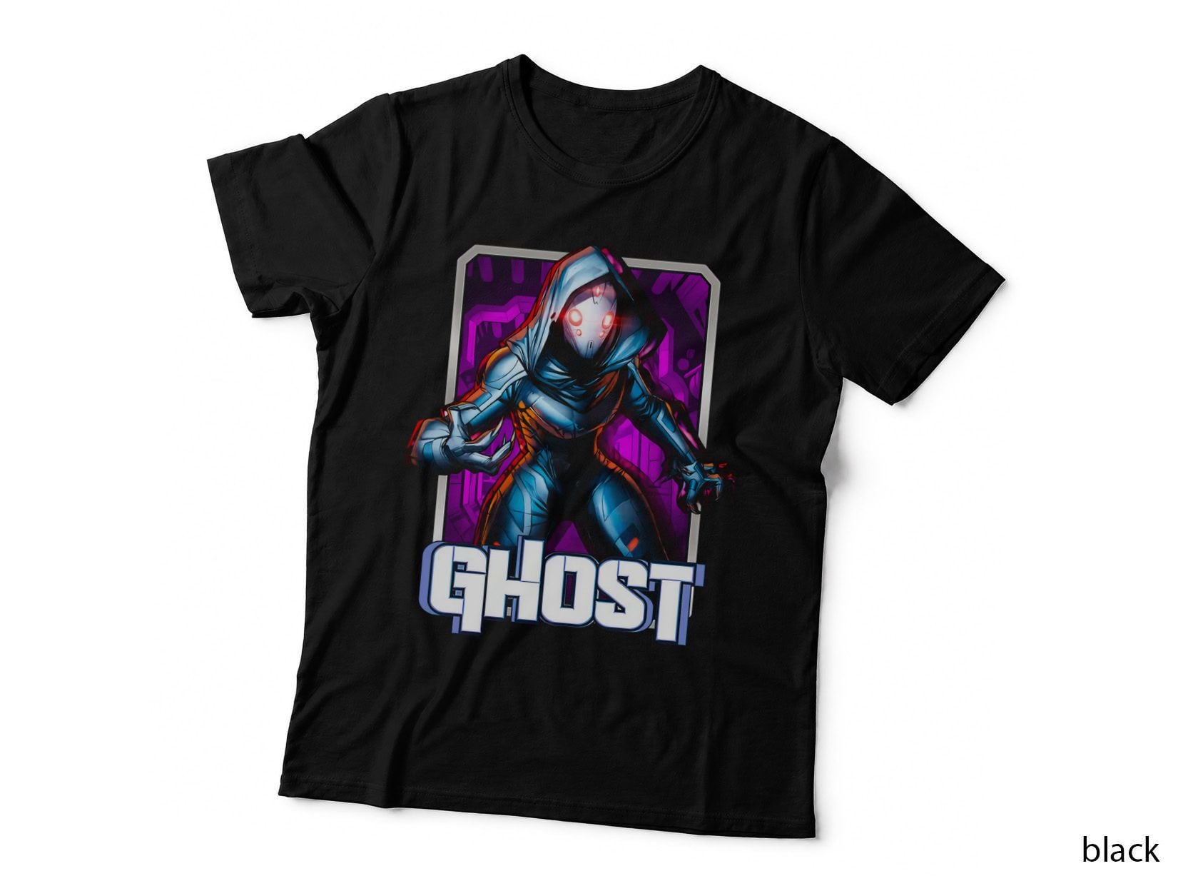 Ghost Blue Armored Figure on Magenta Outlined White Text T-Shirt