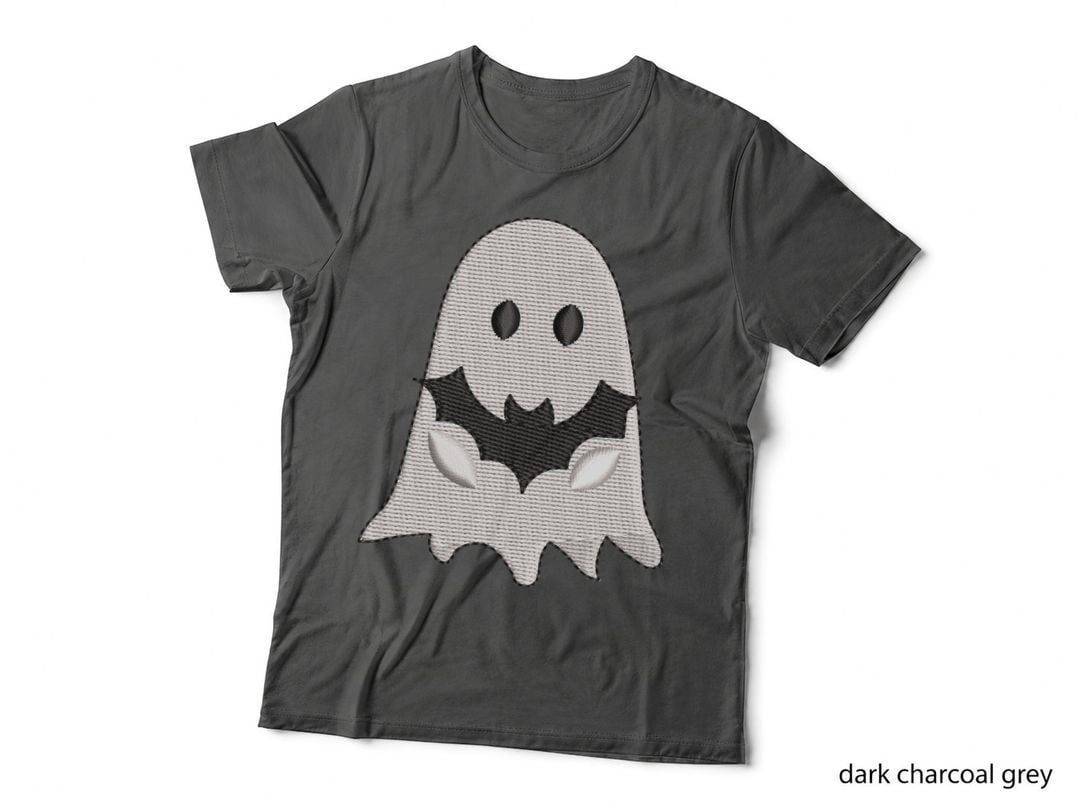 Ghost Embroidered Holding Black Bat Halloween T-Shirt