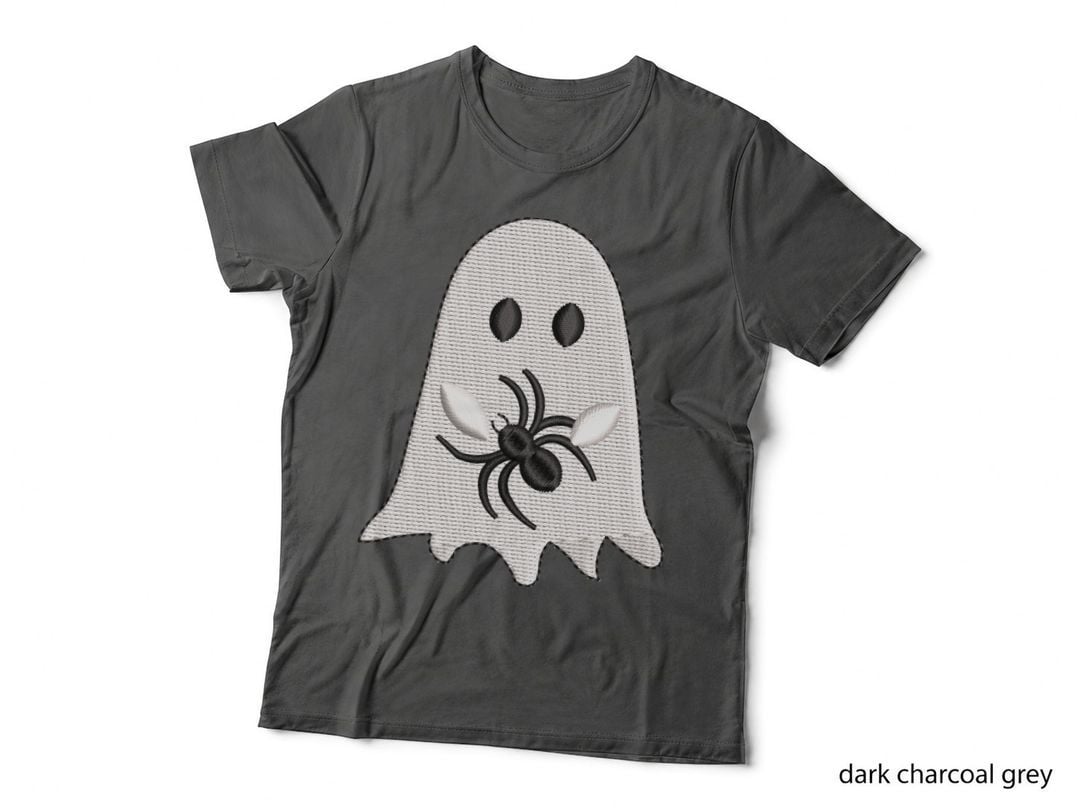 Ghost Embroidered Holding Black Spider Halloween T-Shirt