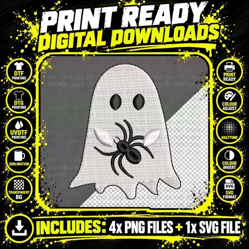 Ghost Embroidered Holding Black Spider Halloween T-Shirt Png SVG Digital Bundle