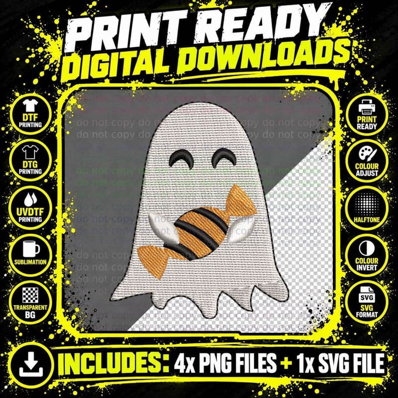 Ghost Embroidered Holding Striped Candy Corn T-Shirt Png SVG Digital Bundle
