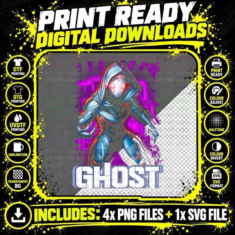 Ghost Female Robot White Blue Halftone Purple T-Shirt Png SVG Digital Bundle