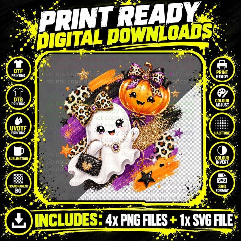 Ghost Pumpkin Hat Leopard Glitter Fall T-Shirt Png SVG Digital Bundle