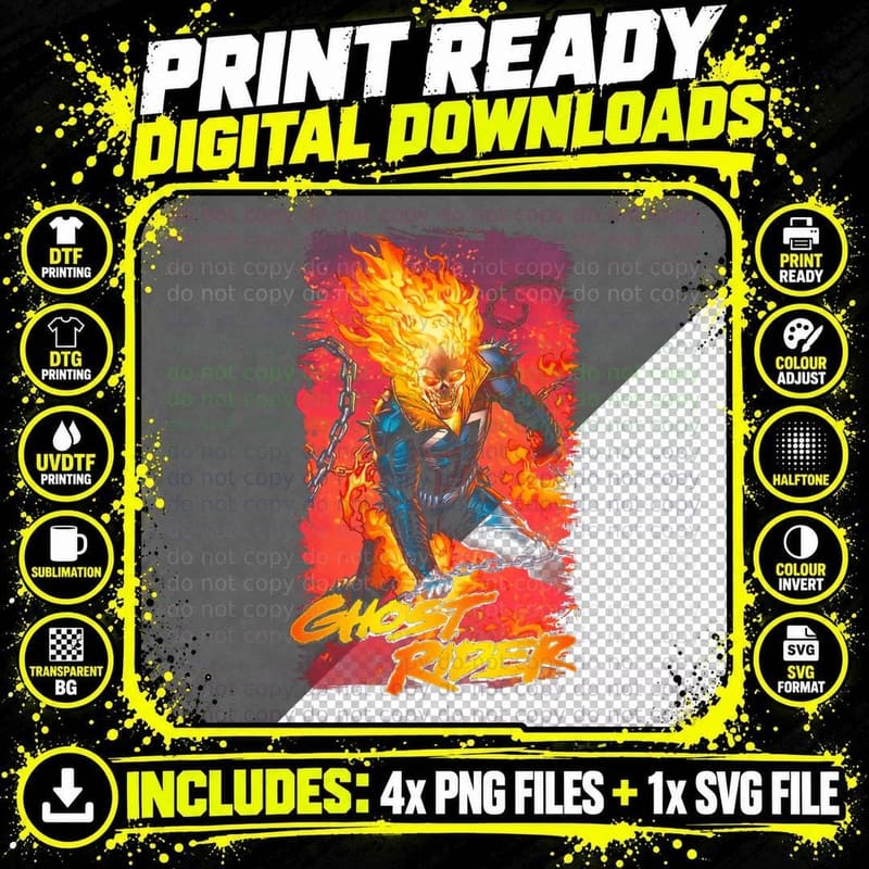 Ghost Rider Flaming Skull Orange Red Halftone T-Shirt Png SVG Digital Bundle