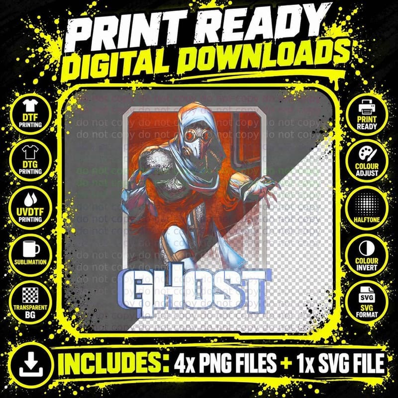 Ghost Silver Armored Warrior on Orange Blue Outlined Png SVG Digital Bundle