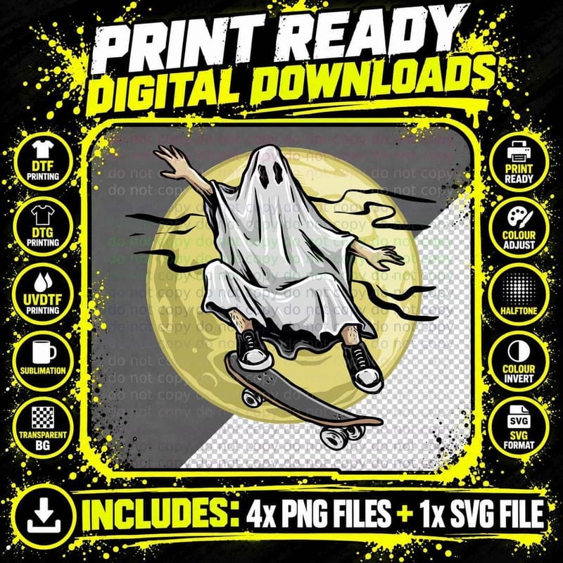 Ghost Skater Halloween Skateboard Yellow Moon T-Shirt Png SVG Digital Bundle
