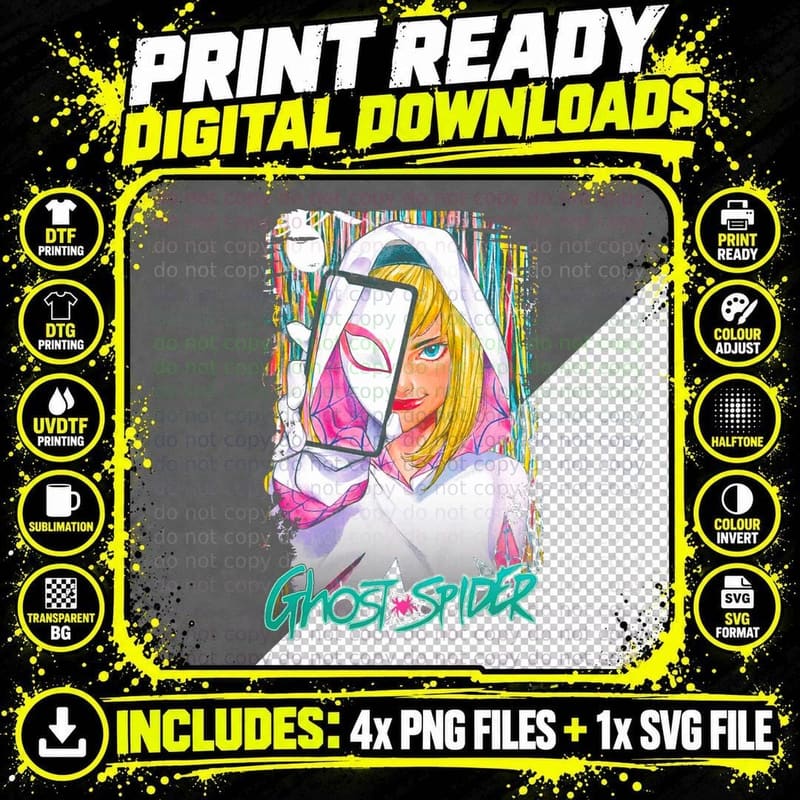 Ghost Spider Female Blonde Hair Pink Mask Cyan T-Shirt Png SVG Digital Bundle