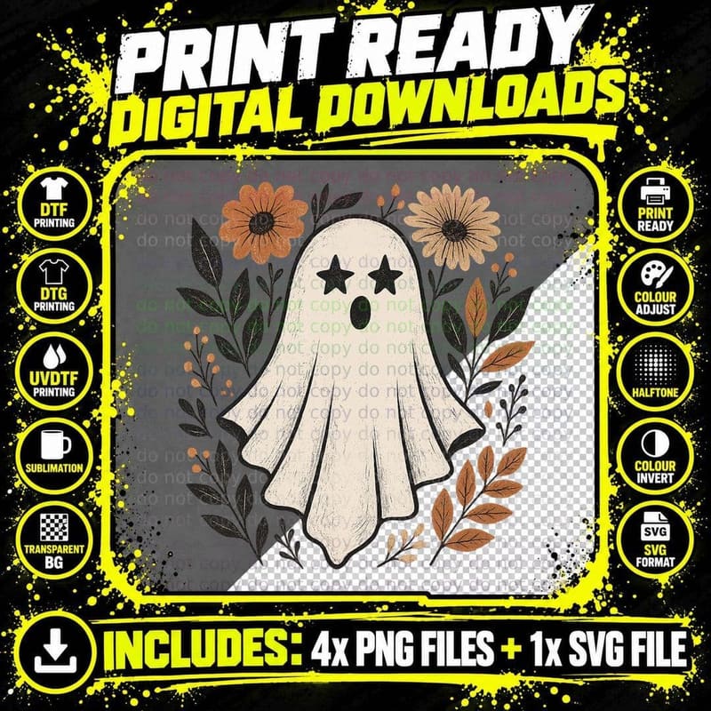 Ghost Star Eyes Daisies Fall T-Shirt Png SVG Digital Bundle