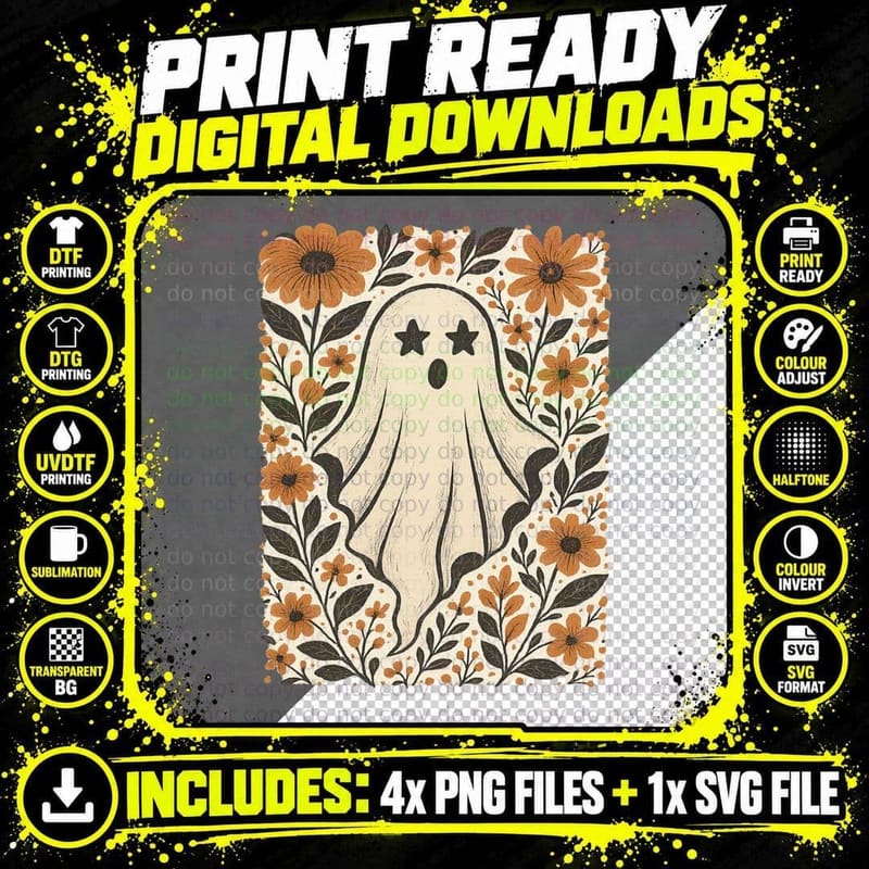 Ghost Star Eyes Flowers Fall T-Shirt Png SVG Digital Bundle