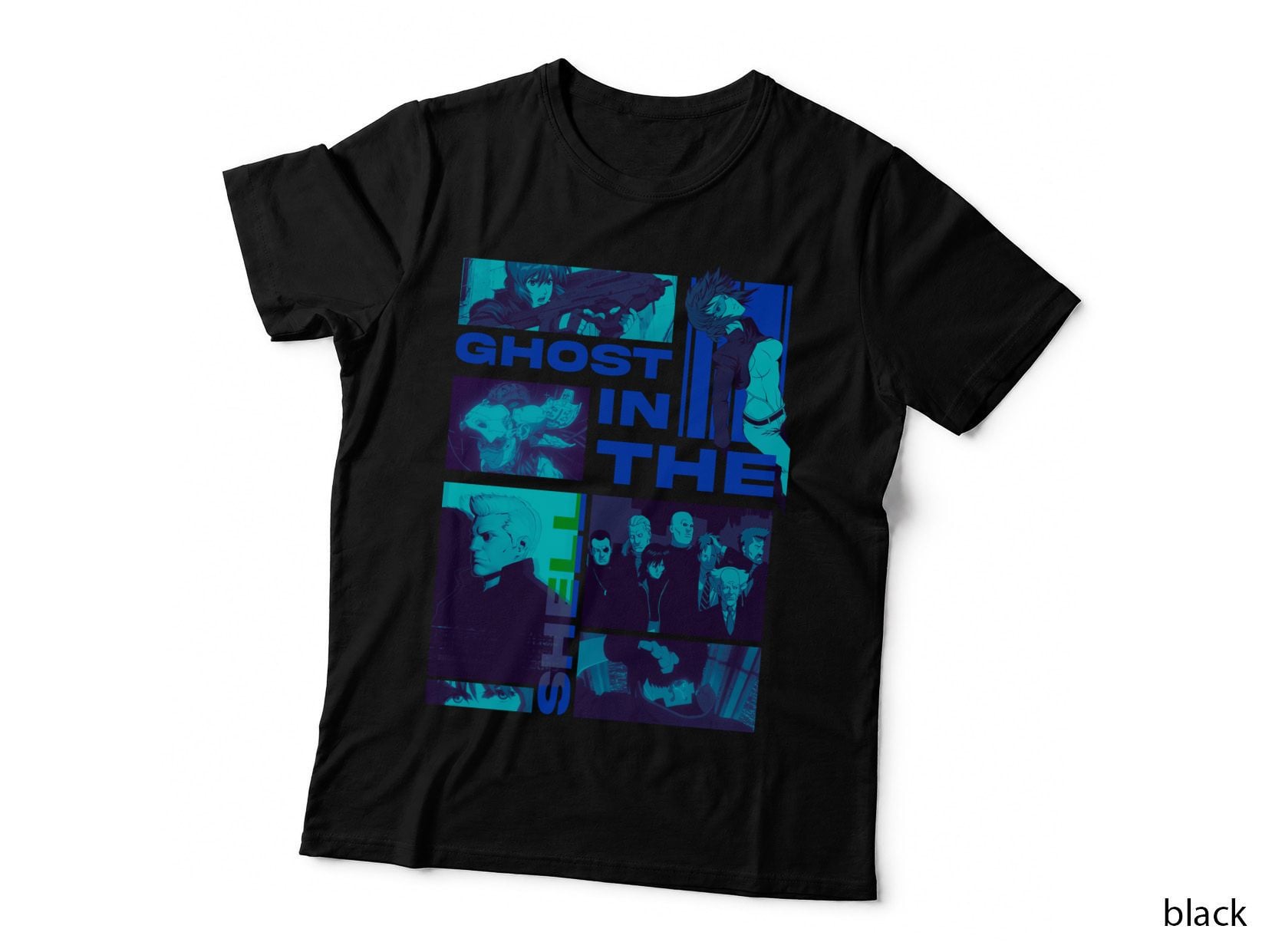 Ghost in the Shell in the Cyan Blue Sci-Fi Cyberpunk Anime Halftone T-Shirt
