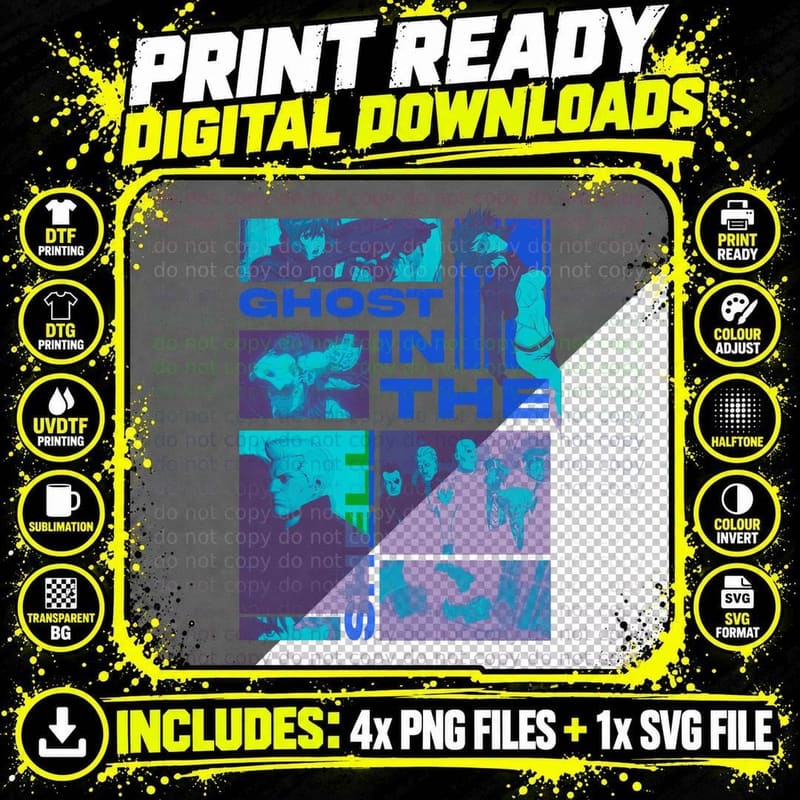 Ghost in the Shell in the Cyan Blue Sci-Fi Cyberpunk Png SVG Digital Bundle