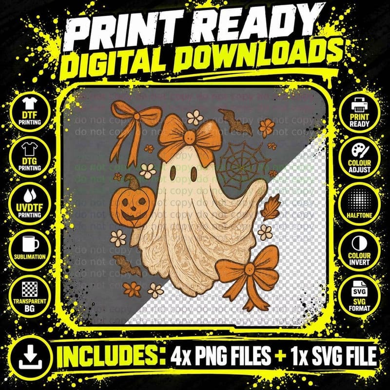 Ghost with Orange Bows Fall T-Shirt Png SVG Digital Bundle