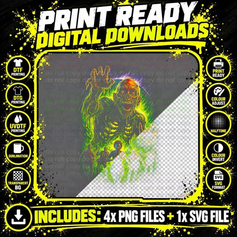 Giant Zombie T-Shirt, Halftone Horror Undead Graphic Tee Png SVG Digital Bundle