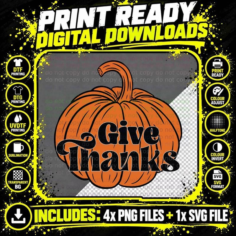 Give Thanks Fall T-Shirt, Pumpkin with Flowing Text Png SVG Digital Bundle