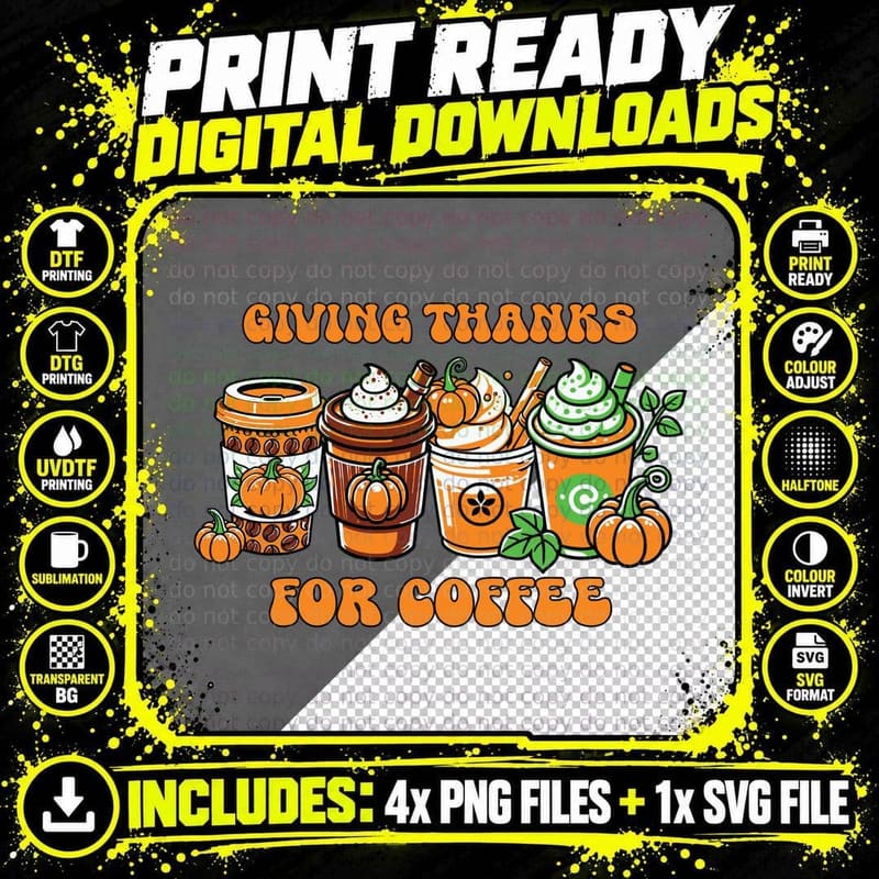 Giving Thanks for Coffee Fall T-Shirt Png SVG Digital Bundle