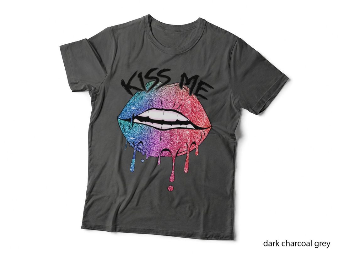 Glitter Lips Kiss Me Dripping Sparkly Pink Cyan T-Shirt
