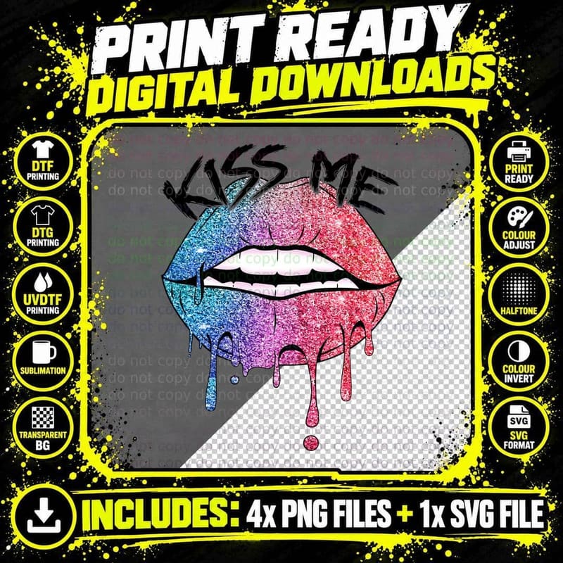 Glitter Lips Kiss Me Dripping Sparkly Pink Cyan T-Shirt Png SVG Digital Bundle