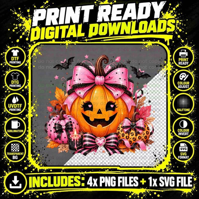 Glittery Jack-O-Lantern with Pink Bows Fall T-Shirt Png SVG Digital Bundle