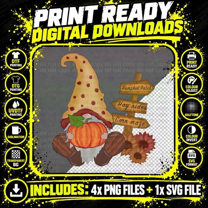 Gnome Pumpkin Mushroom Leaves Fall T-Shirt Png SVG Digital Bundle