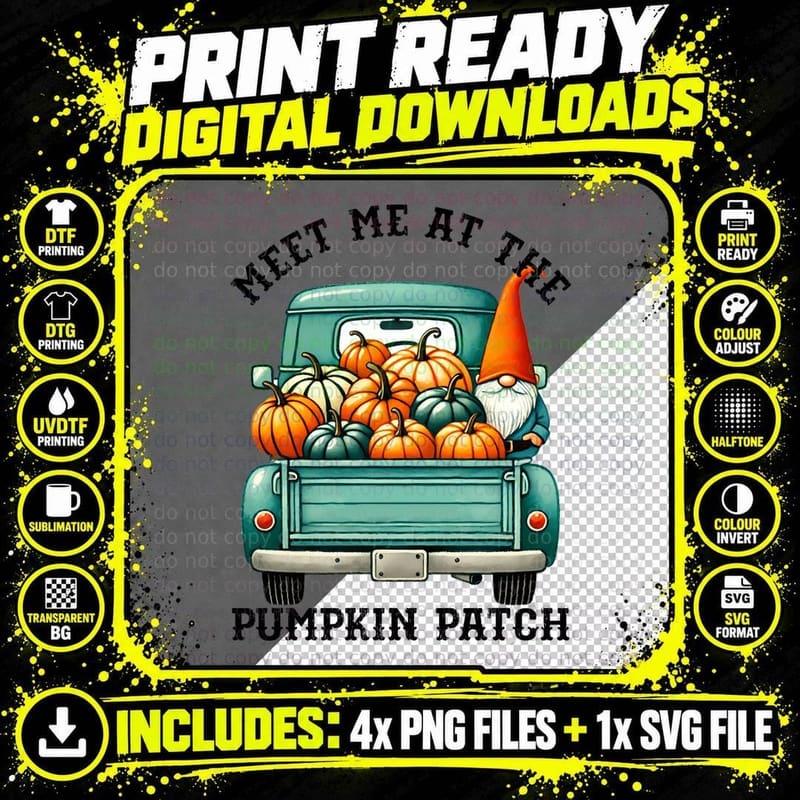 Gnome Vintage Turquoise Truck Pumpkins Fall T-Shirt Png SVG Digital Bundle