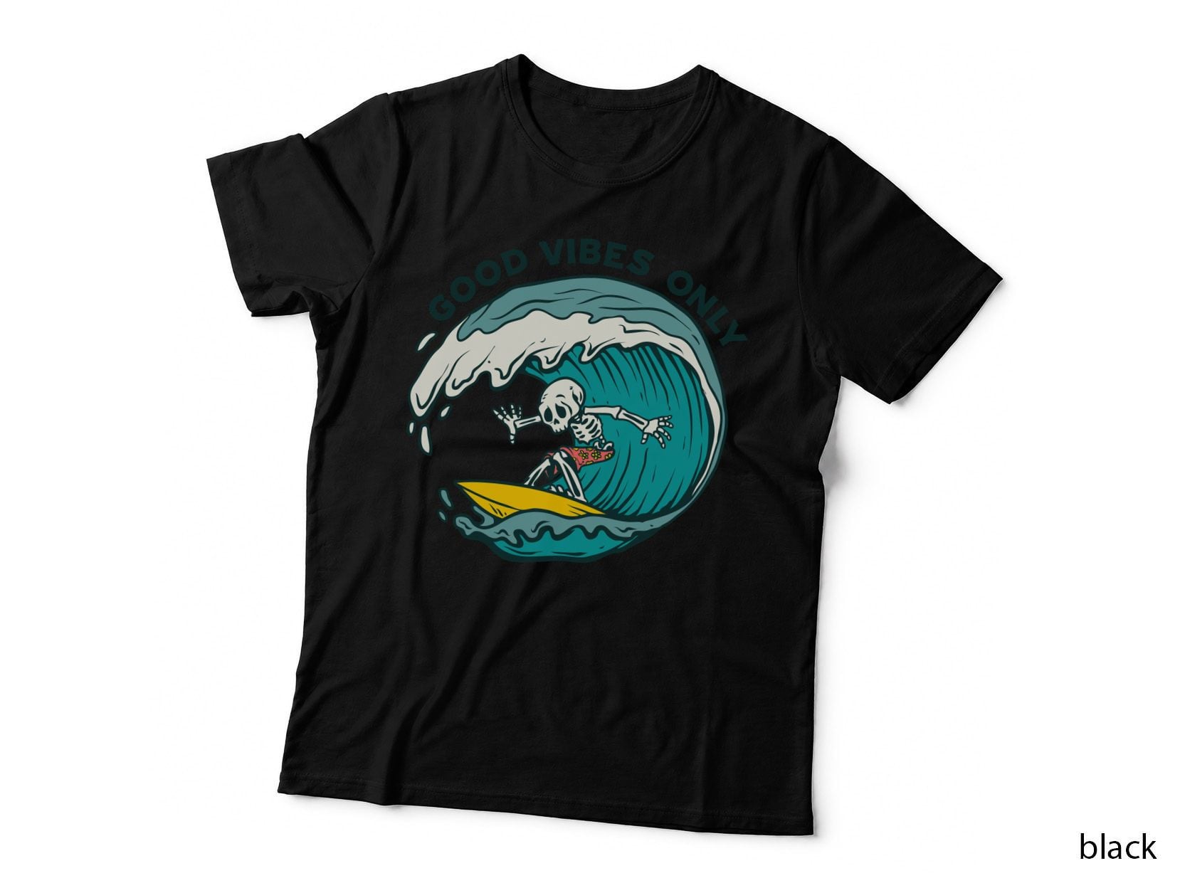 Good Vibes Only Surfer Skeleton Surfing Wave Teal Retro Vintage T-Shirt