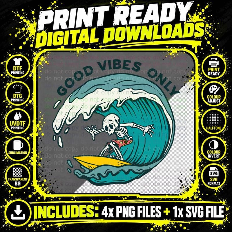 Good Vibes Only Surfer Skeleton Surfing Wave Teal Retro Png SVG Digital Bundle