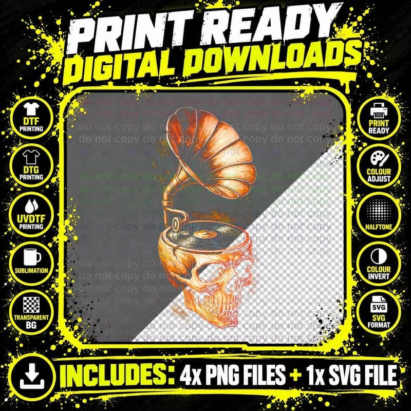Gramophone Vinyl Record Skull T-Shirt Png SVG Digital Bundle