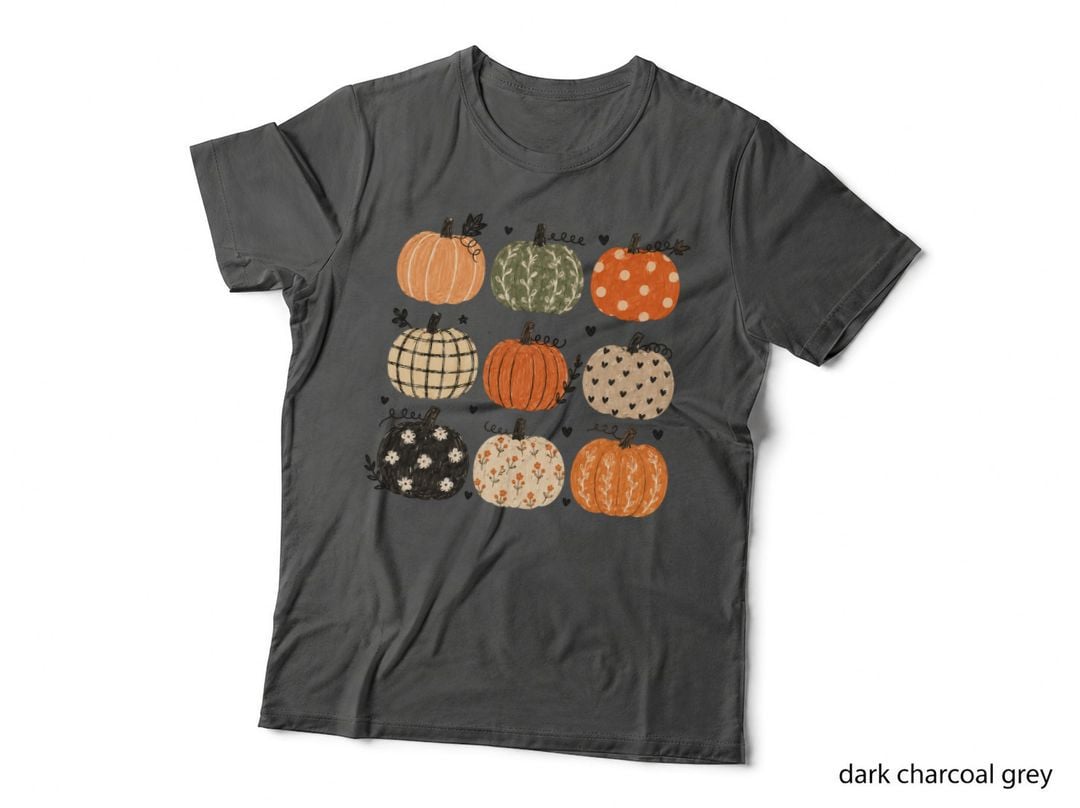 Grid of Nine Patterned Pumpkins Fall T-Shirt, Autumn Season Graphic Tee