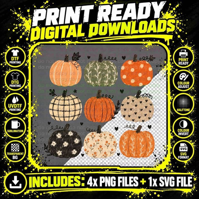 Grid of Nine Patterned Pumpkins Fall T-Shirt Png SVG Digital Bundle