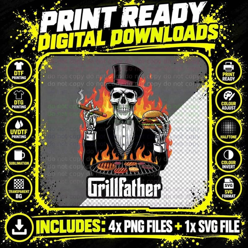 Grillfather BBQ T-Shirt, Skeleton in Suit Grilling with Png SVG Digital Bundle