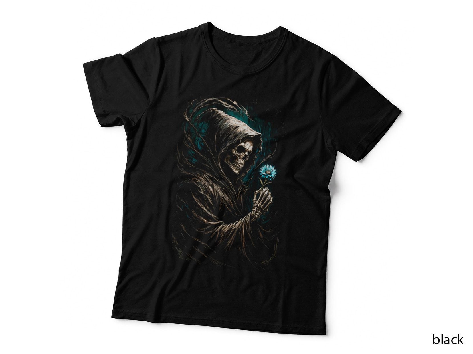 Grim Reaper Daisy Flower T-Shirt, Halftone Gothic Skull Graphic Tee