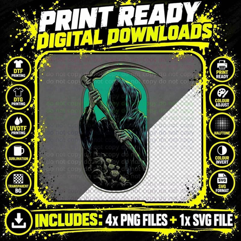 Grim Reaper Death Scythe Turquoise Skulls Dark Spooky Png SVG Digital Bundle