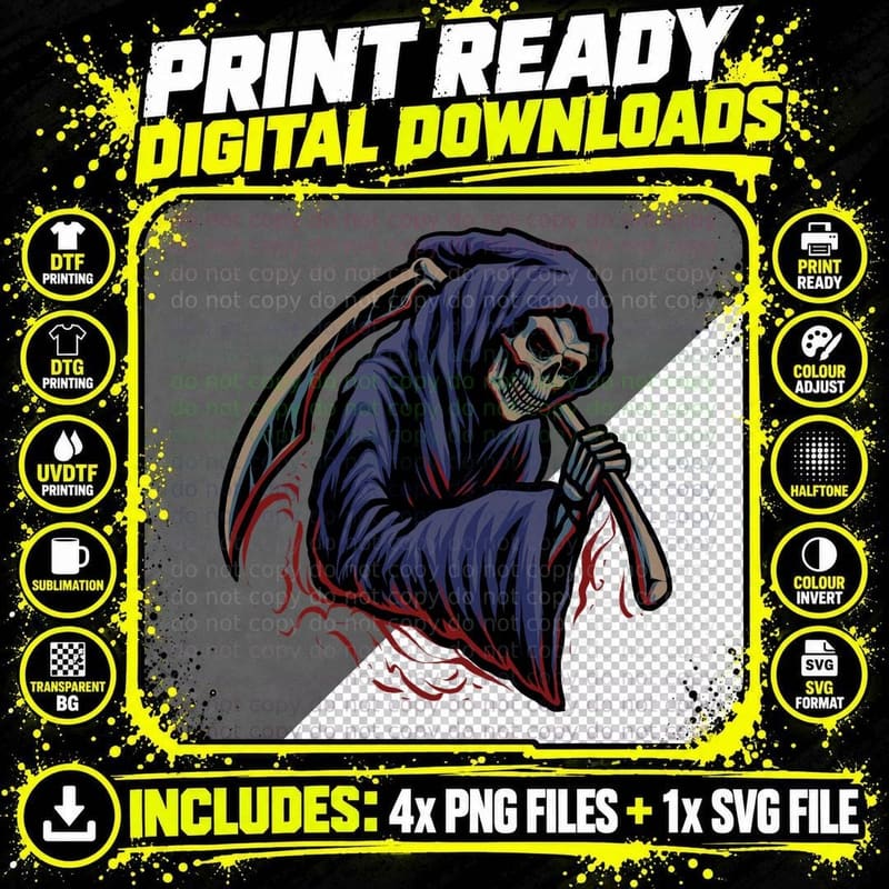 Grim Reaper Skeleton Navy Blue Dark Scythe T-Shirt Png SVG Digital Bundle
