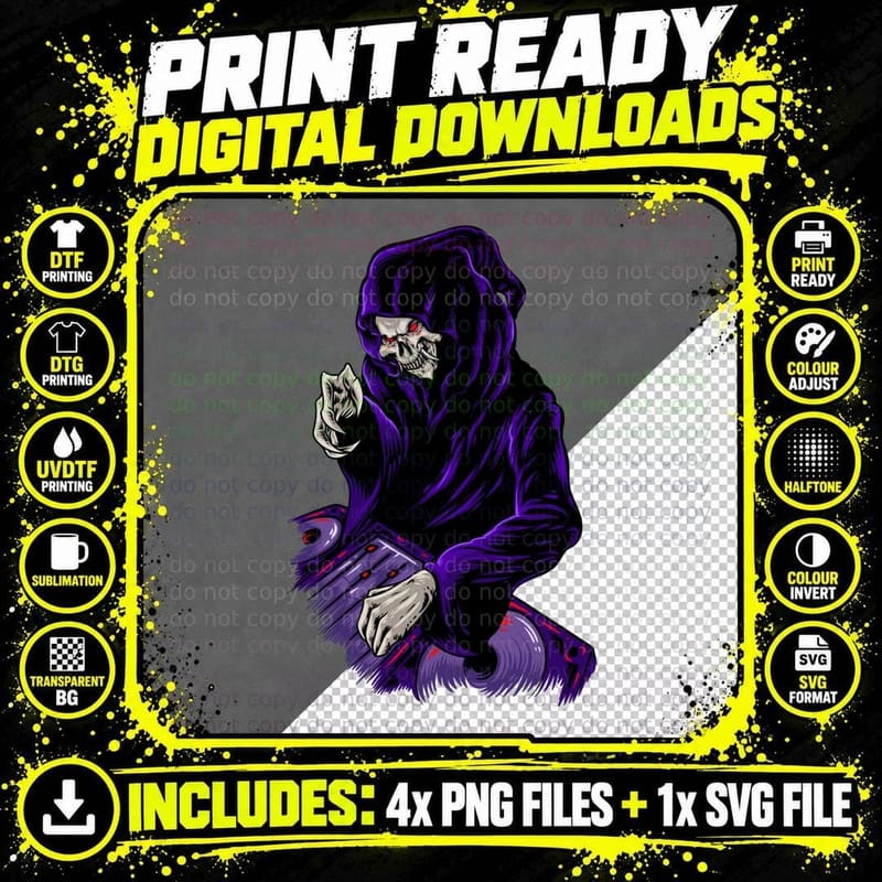 Grim Reaper Skeleton Purple Robe Death Dark Spooky Png SVG Digital Bundle