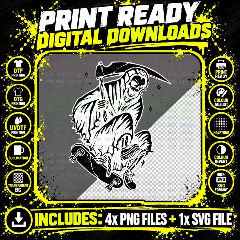 Grim Reaper Skeleton Skateboard White Sketch Style Png SVG Digital Bundle