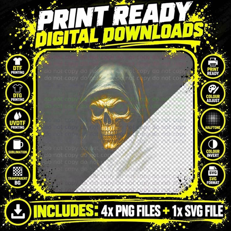 Grim Reaper T-Shirt, Halftone Horror Skull Graphic Tee Png SVG Digital Bundle