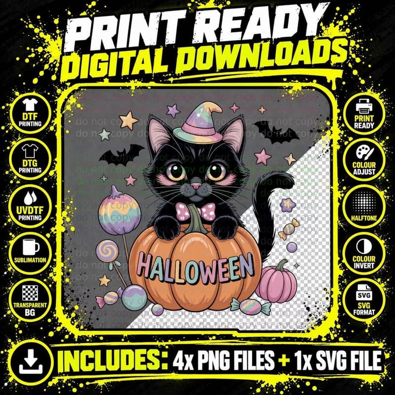 Halloween Cat T-Shirt, Halloween Black Cat with Pumpkin Png SVG Digital Bundle