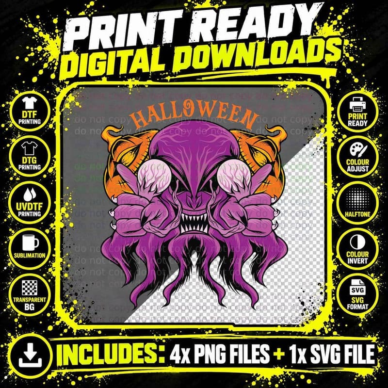 Halloween Demon Creature Horror Purple Spooky T-Shirt Png SVG Digital Bundle