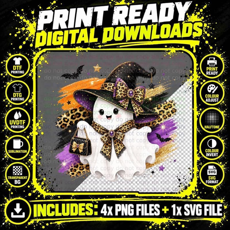 Halloween Ghost Leopard Bow Fall T-Shirt Png SVG Digital Bundle