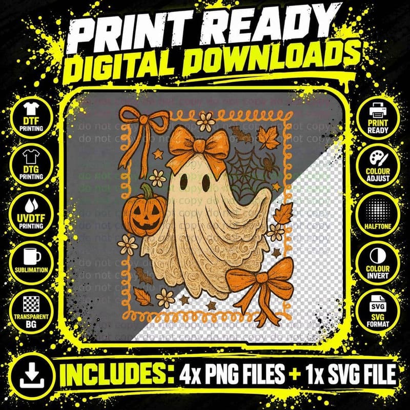 Halloween Ghost with Pumpkin and Bow T-Shirt Png SVG Digital Bundle