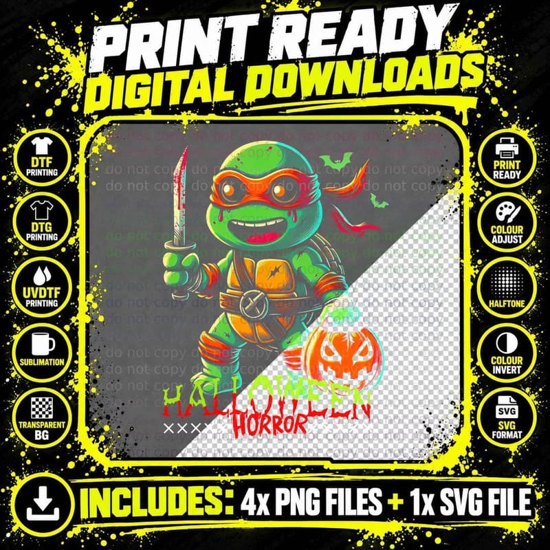 Halloween Horror Green Yellow Orange Ninja Turtle T-Shirt Png SVG Digital Bundle