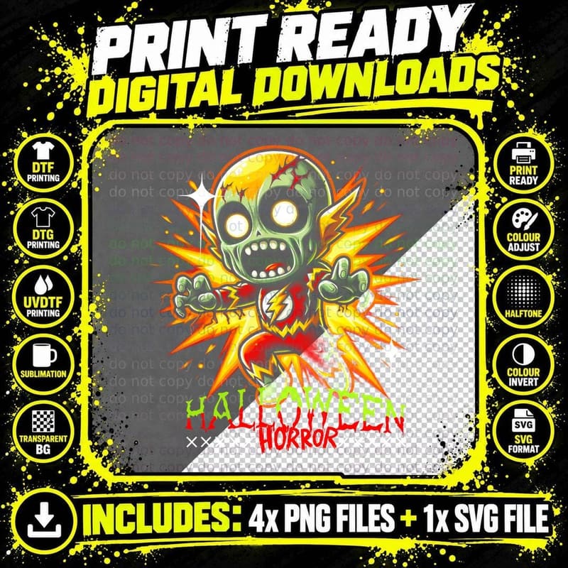 Halloween Horror Green Yellow Orange Skull T-Shirt Png SVG Digital Bundle