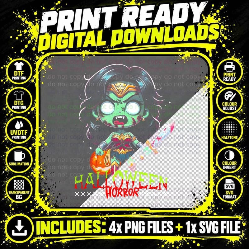 Halloween Horror Green Yellow Red Wonder Woman T-Shirt Png SVG Digital Bundle