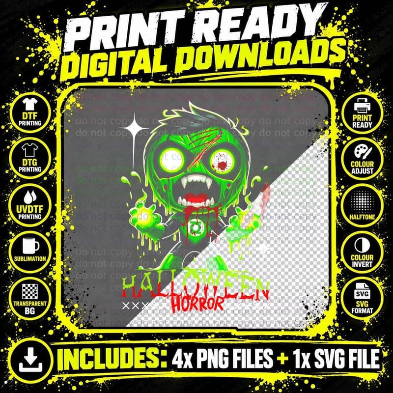Halloween Horror Green Yellow Skull Zombie T-Shirt Png SVG Digital Bundle