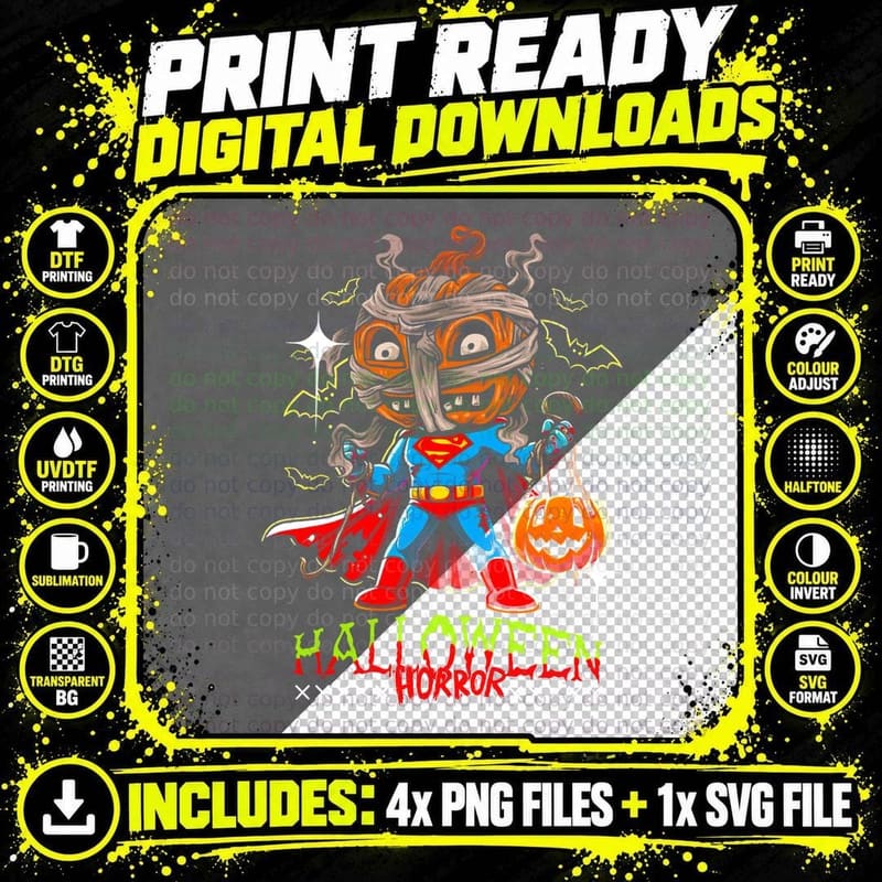 Halloween Horror Orange Yellow Zombie Superman T-Shirt Png SVG Digital Bundle