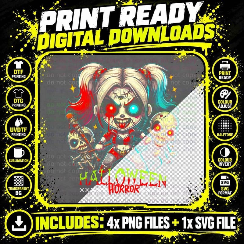 Halloween Horror Red Cyan Yellow Harley Quinn T-Shirt Png SVG Digital Bundle