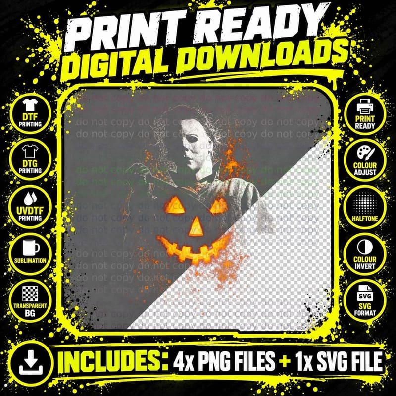 Halloween Movie T-Shirt, Halftone Horror Slasher Graphic Png SVG Digital Bundle