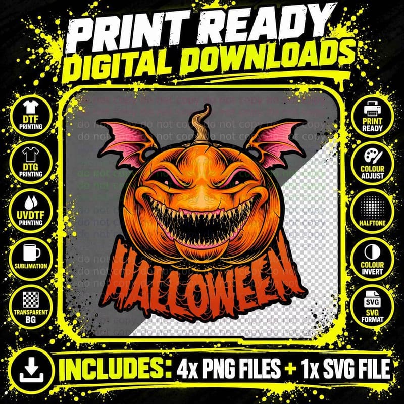Halloween Pumpkin Demon Wings Orange Scary Horror T-Shirt Png SVG Digital Bundle
