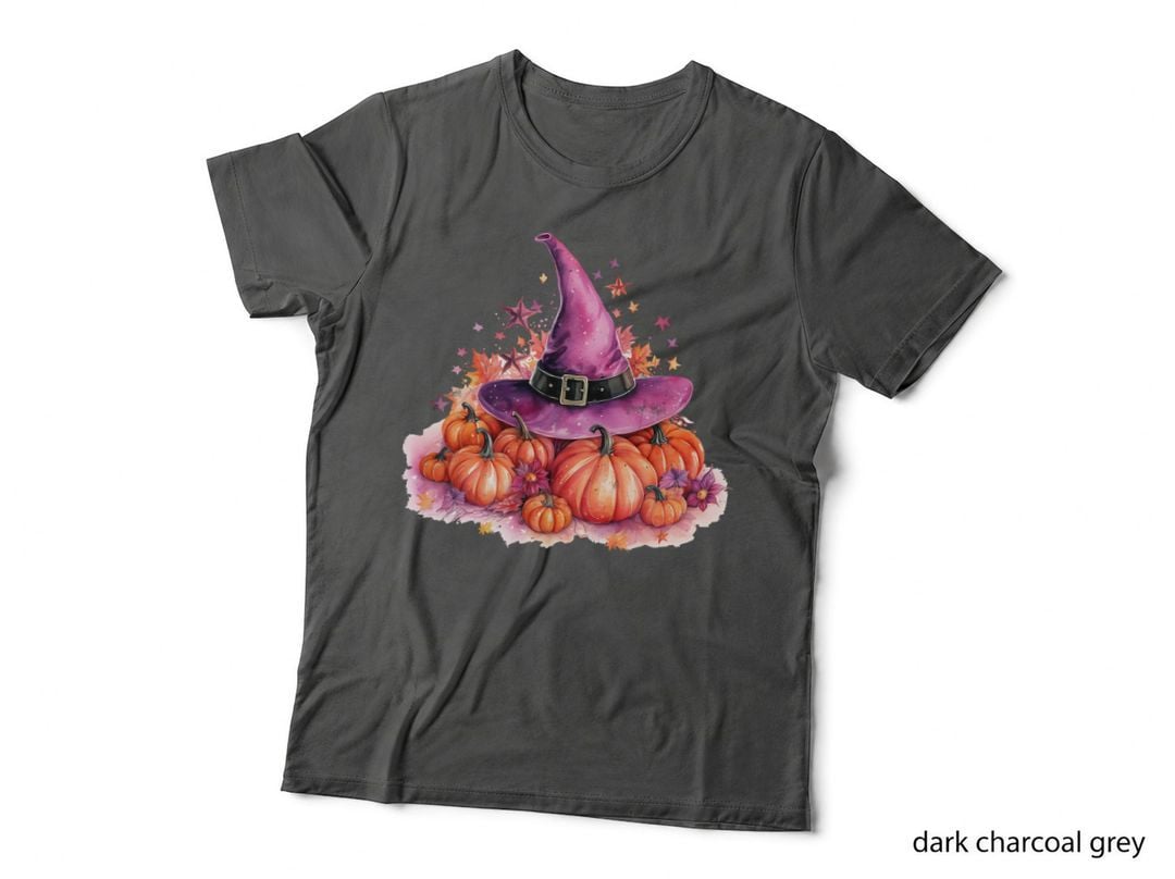 Halloween Witch Hat with Pumpkins Breast Cancer T-Shirt