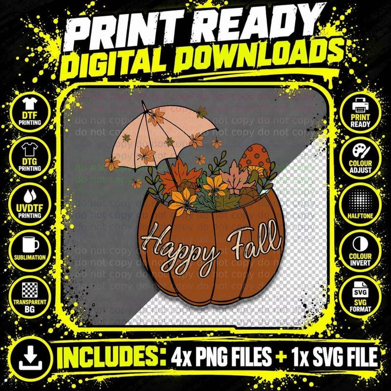Happy Fall T-Shirt, Happy Fall Pumpkin Umbrella Autumn Png SVG Digital Bundle